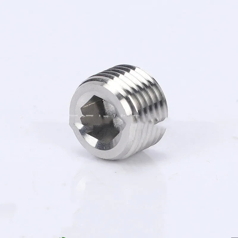 Stainless steel 304 hexagonal pipe plug with 3/8 thread for bulkhead fittings.