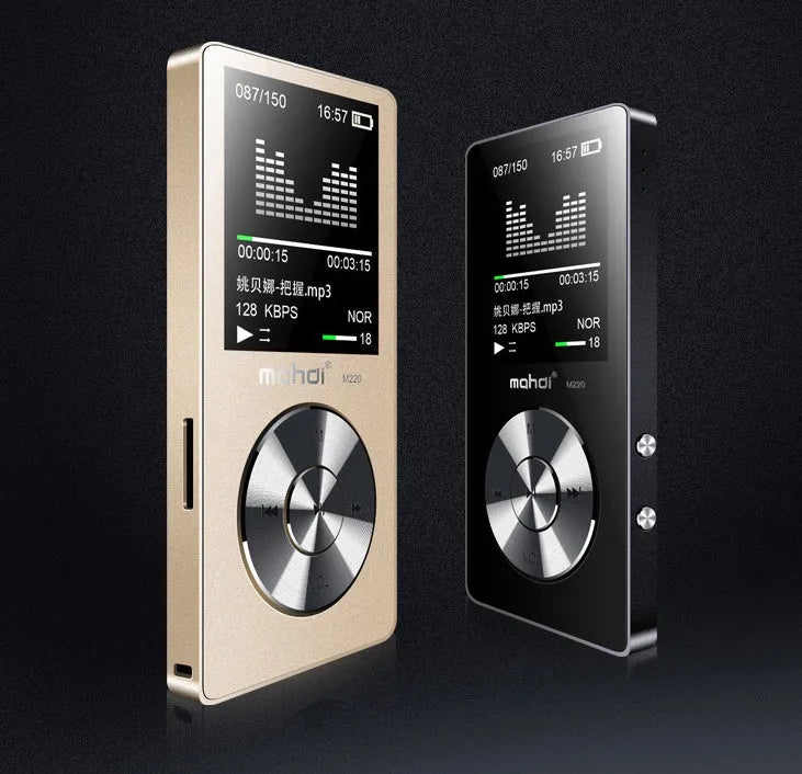 Gold all-metal MP3 player with a 1.8-inch screen, showing menu interface and 3.5mm headphone jack.