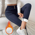 Women's navy blue high-waist casual trousers with straight leg design and micro-elastic fabric