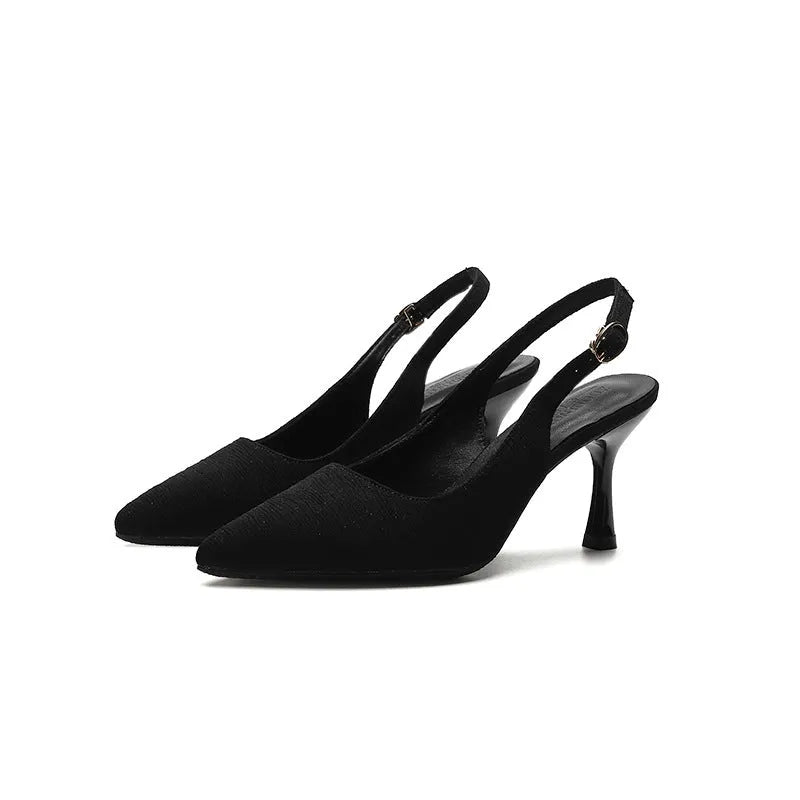Women's stiletto slingback sandals in black or apricot with 5cm or 7cm heel, cloth upper and rubber sole.