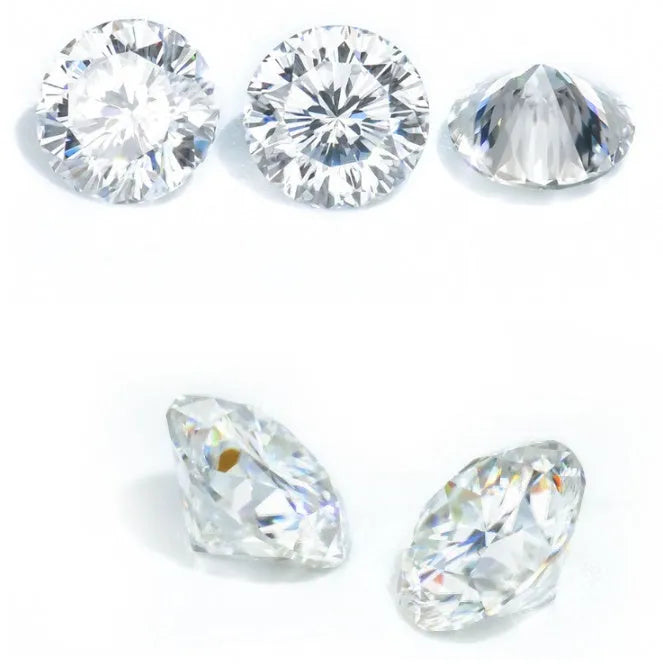 A round, brilliant moissanite gemstone showcasing the eight hearts and eight arrows cut on a neutral background.
