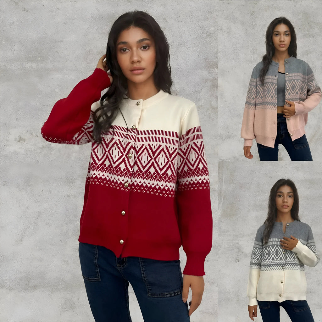Women's red alpaca fleece cardigan with grey diamond pattern and long sleeves