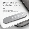 Silver aluminium laptop side mount bracket holding a smartphone next to a laptop screen.