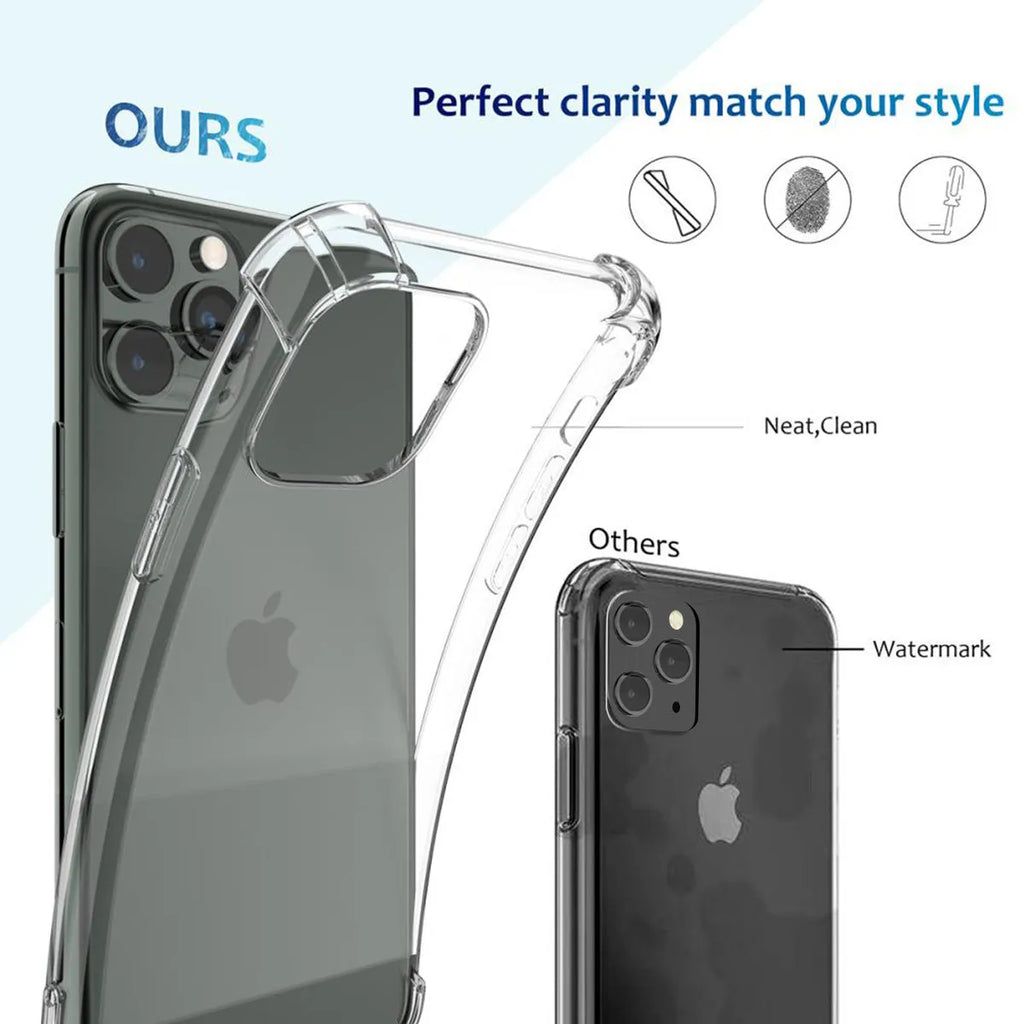 Clear transparent shockproof TPU phone case for Apple iPhone models on a white background.