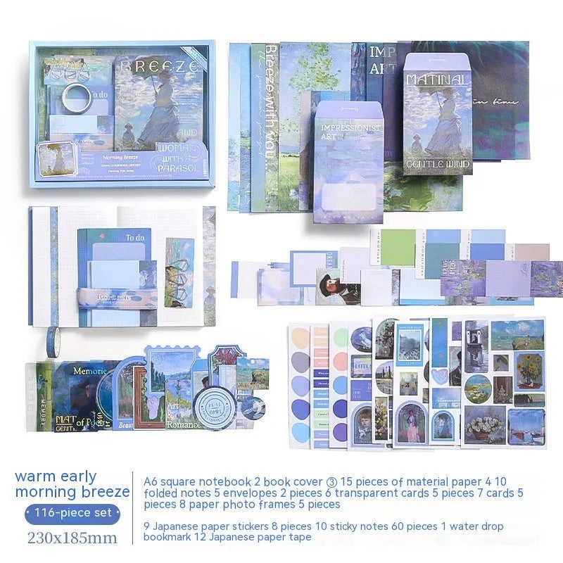 A6 grid creative journal gift box with retro plaid cover showing notebook, material paper, sticky notes, and stationery accessories