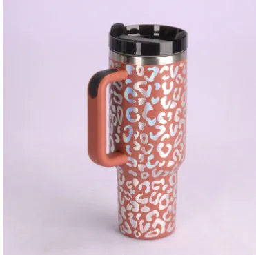 40 oz insulated stainless steel tumbler with handle straw and spill proof lid in a tapered design for car or gym use
