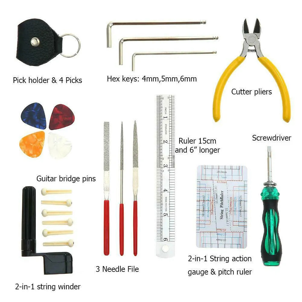 Black plastic and metal guitar repair tool kit for guitar bass mandolin banjo maintenance