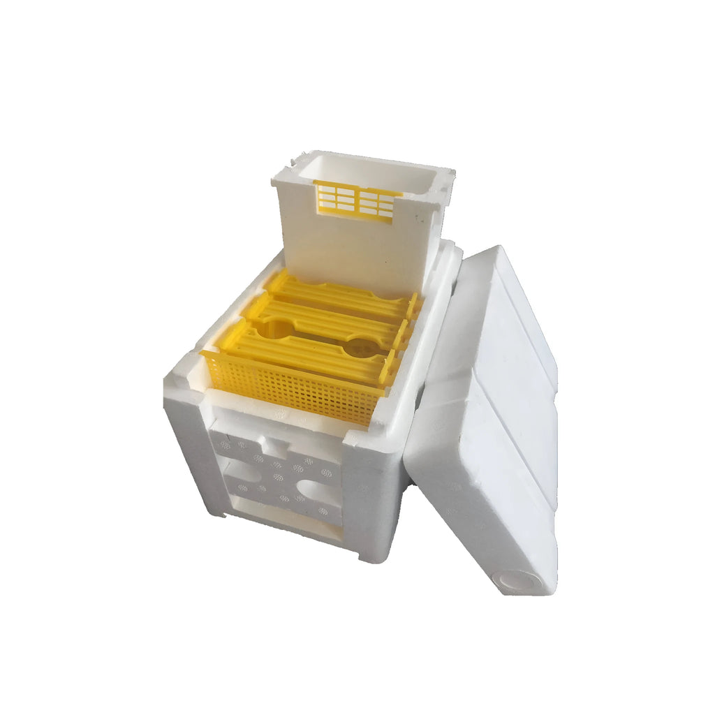 Three white EPS foam bee delivery boxes for beekeeping swarm capture and queen introduction.