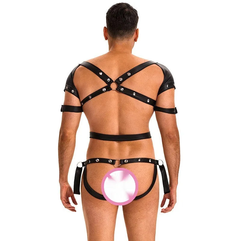 Men's black imitation leather bodysuit, three-point low cut uniform style, sizes M to XXL