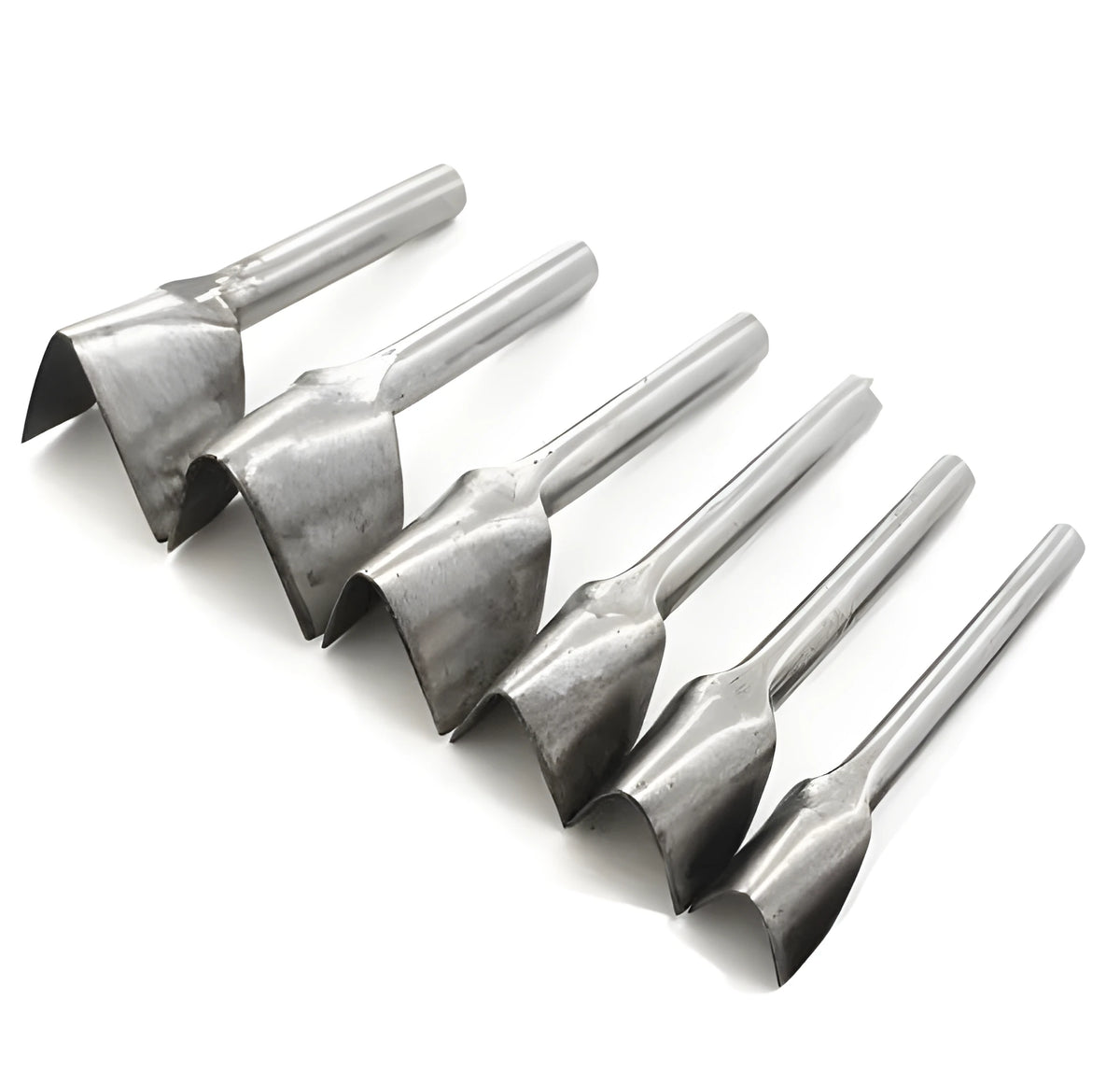 Set of six steel leather punch tools with half-round and V-shaped heads in sizes from 15mm to 40mm.