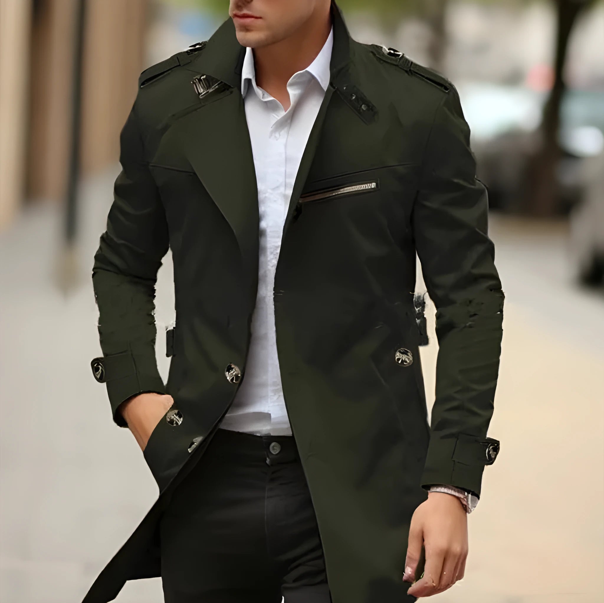 Men's solid colour cotton lapel jacket with side seam pockets, shown in Army Green.