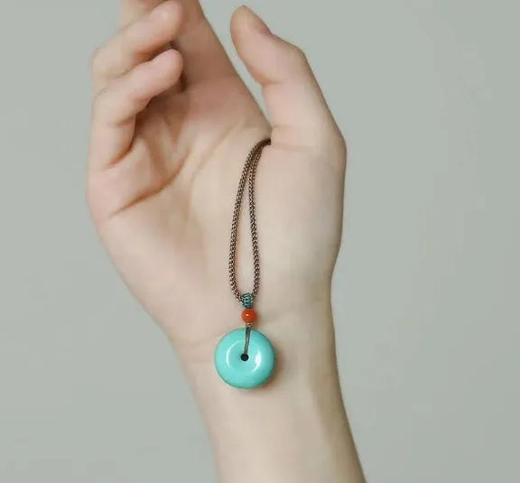 Natural turquoise peace buckle pendant necklace, 25mm round green polished turquoise pendant