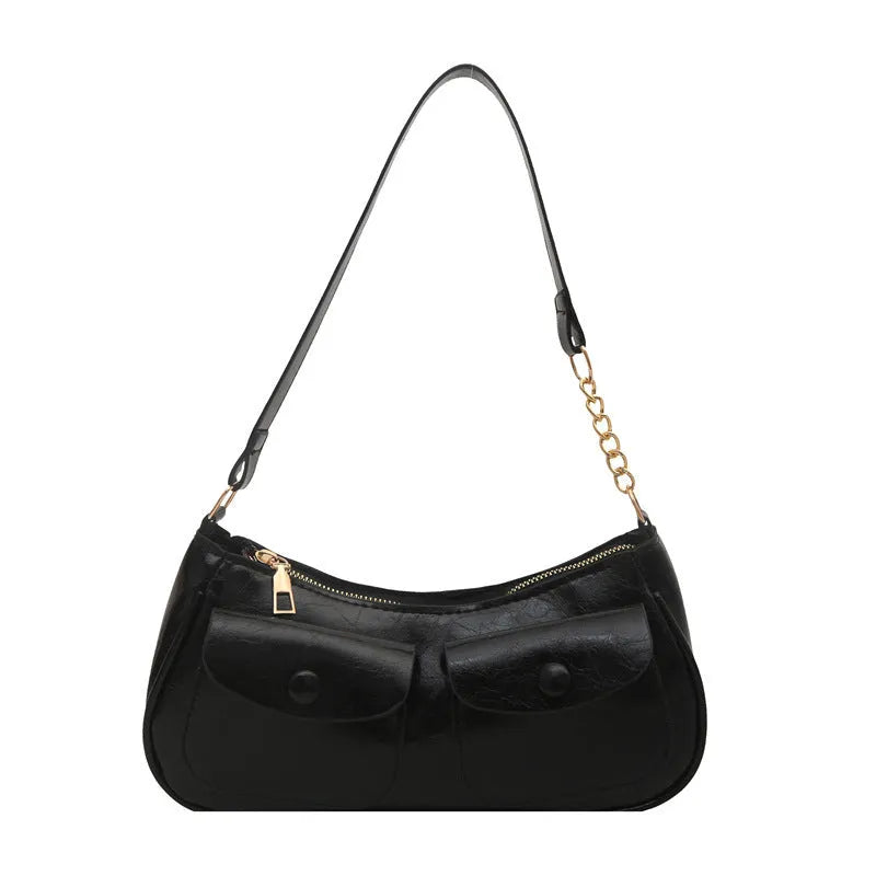 PU clamshell bag for women in horizontal square shape with single strap and splicing detail, available in black coffee red white colours