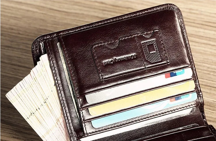 Men's black leather wallet showing multiple card slots, coin pocket, and document section