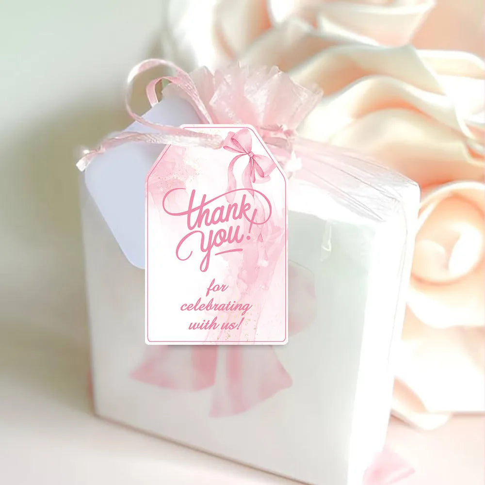 Set of 60 paper birthday gift tags with bowknot designs and natural hemp rope in three decorative styles