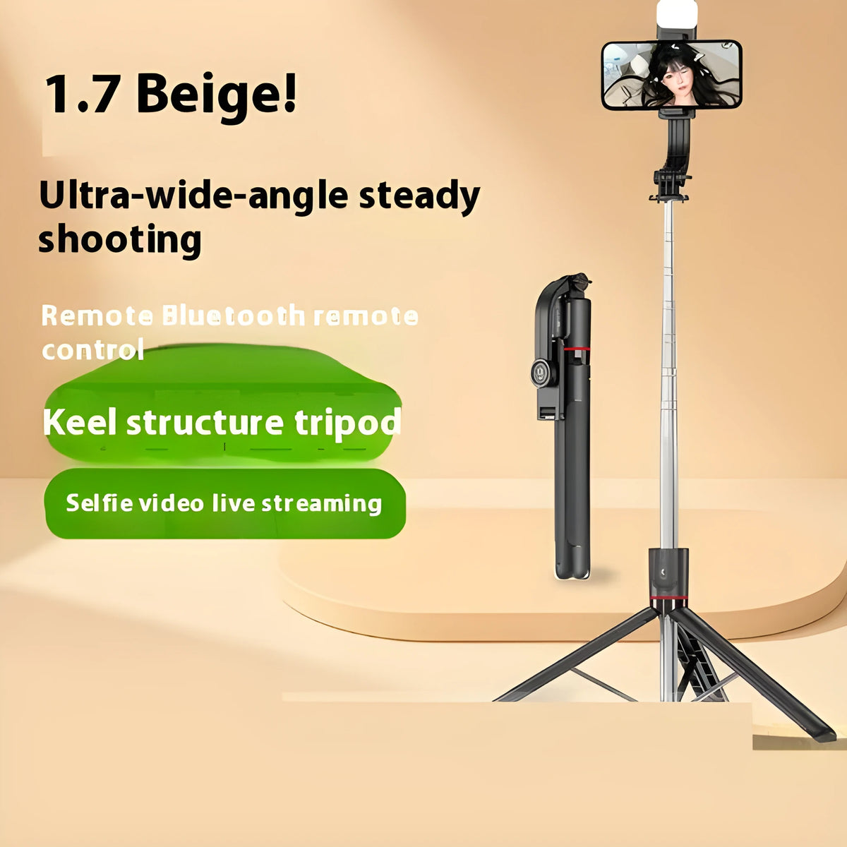 Portable tripod selfie stick with Bluetooth remote telescopic rod in black ABS and stainless steel