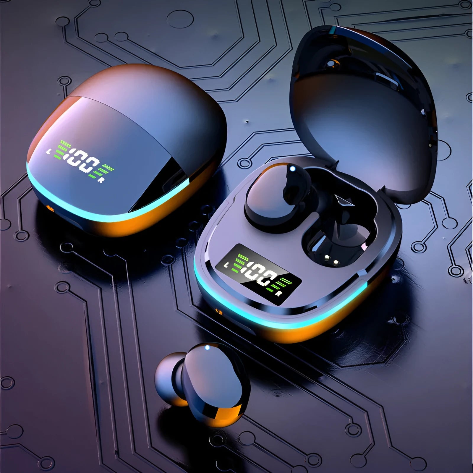 Black true wireless Bluetooth headphones with charging case and multiple ear caps