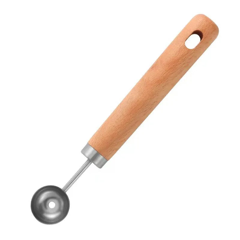 Stainless steel watermelon cutting tool set with three wooden handle gadgets for cutting squares, scooping balls, and carving