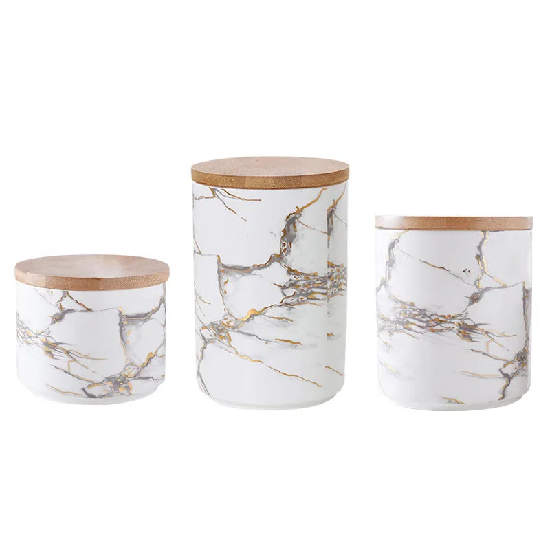 Marbled ceramic airtight jar with wooden lid in large, medium, and small sizes for kitchen storage