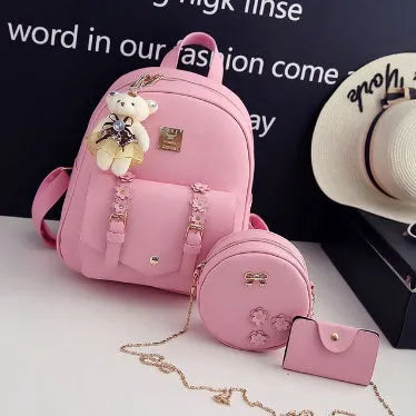 Floral three-piece bag set for women including backpack, shoulder bag and card bag in PU leather