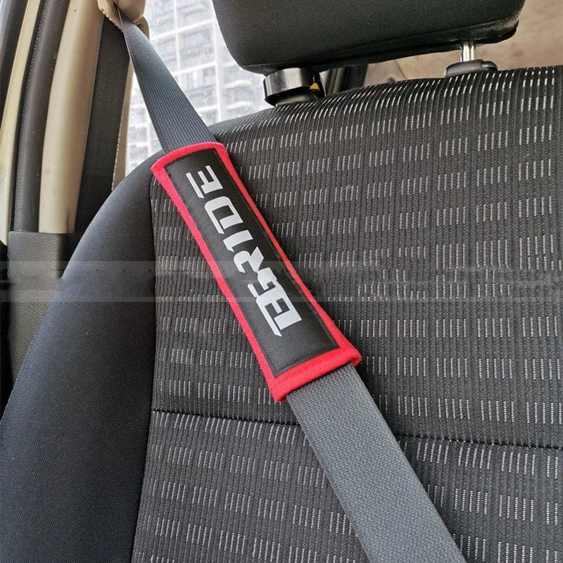 Car seat belt shoulder pad set in black blue red colours with embroidery on cotton sponge cloth
