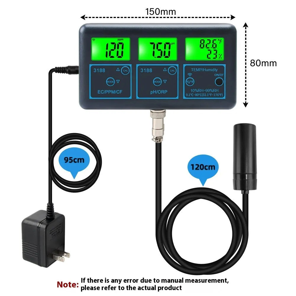 Black 7-in-1 WiFi water quality monitor with electrode, measuring EC TDS pH ORP temperature humidity