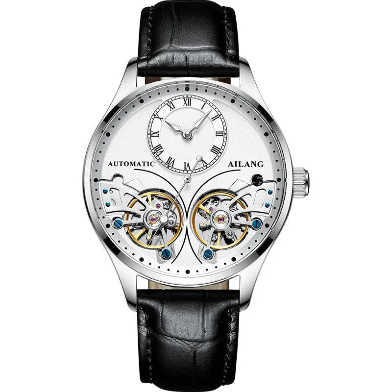 Automatic men's watch with tourbillon and moon phase on black steel strap