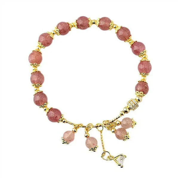 Pink strawberry quartz crystal bracelet with heart shapes and pearl accents for women