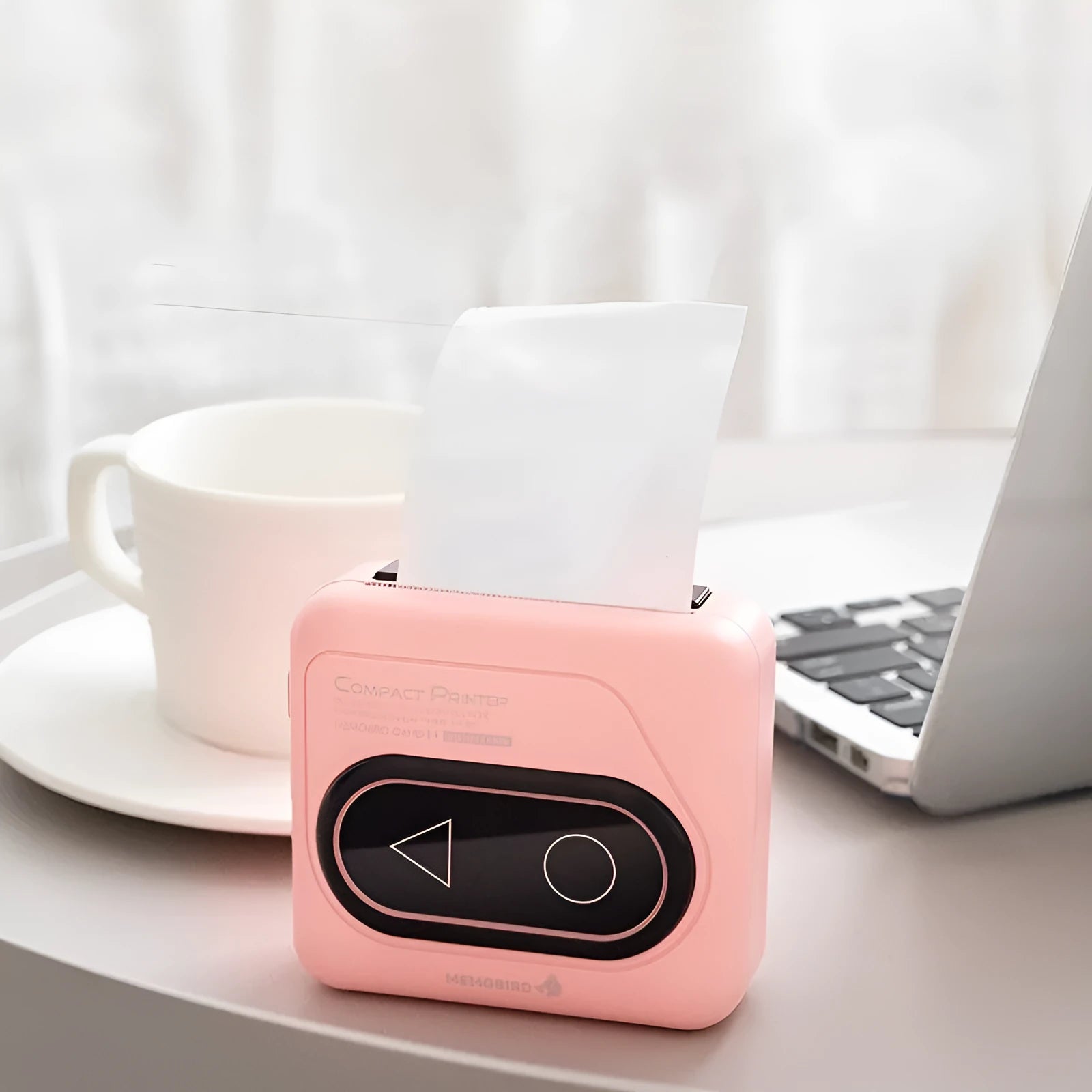 Compact avocado green Bluetooth mini thermal printer for mobile phones next to a roll of paper.
