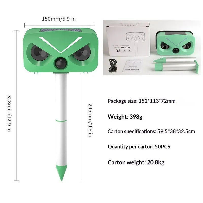 Ultrasonic solar bird repeller with ABS housing in outdoor garden setting