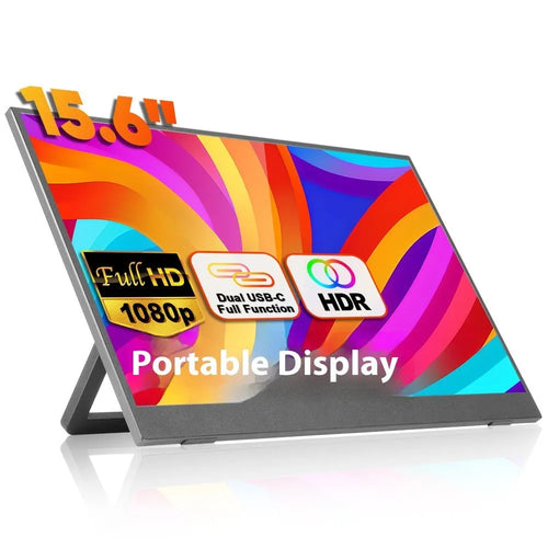 Black 15.6-inch portable computer monitor with adjustable stand on desk