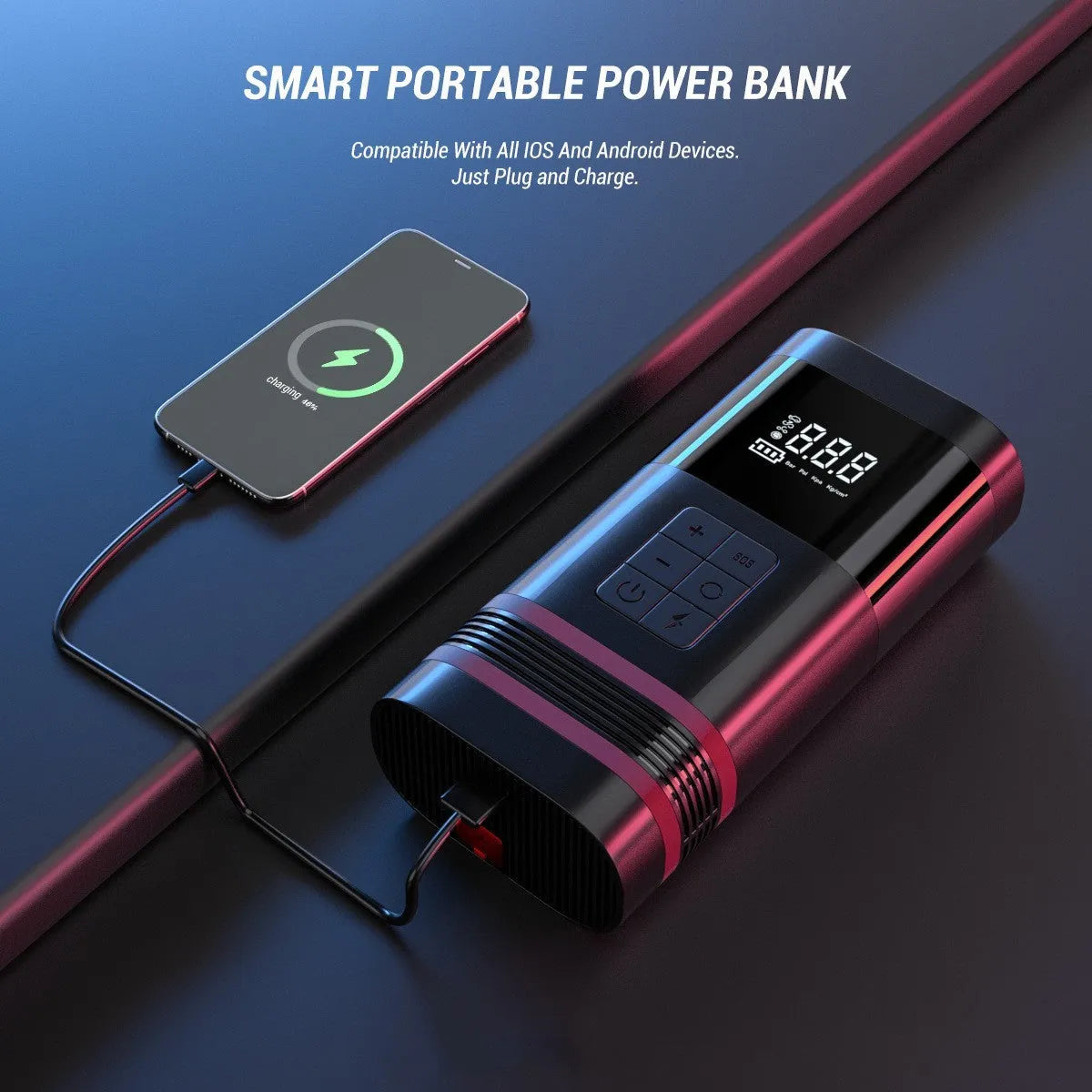 100W black wireless emergency start power source, 19.5x10x5.7cm, PC ABS, for cars motorcycles bicycles and inflatables