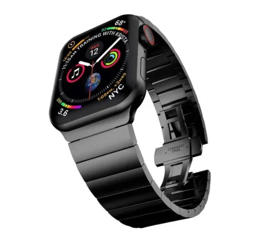 Stainless steel Apple Watch compatible band with metal chain design and butterfly buckle closure