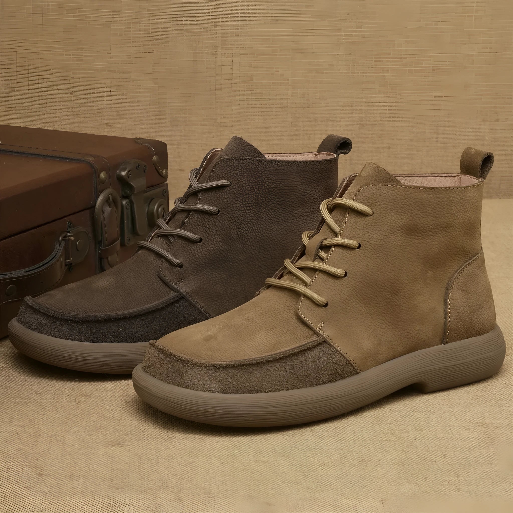 British style grey leather Martin boots with lace-up front and wedge heel on a rubber sole.