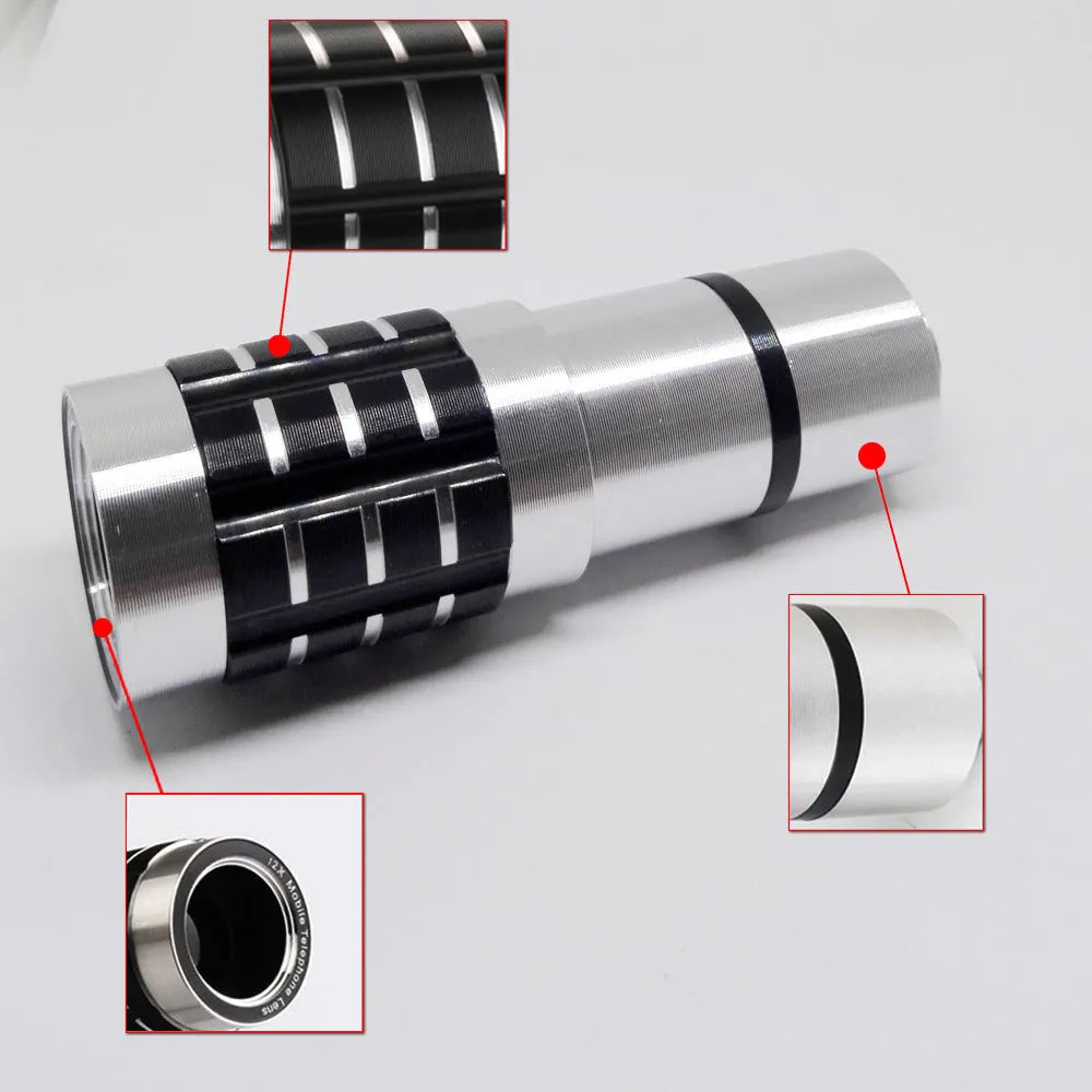 A telescopic telephoto lens with a separate clip for attaching to a mobile phone