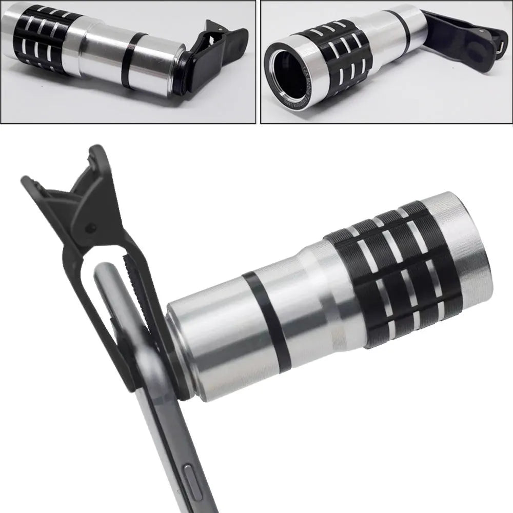A telescopic telephoto lens with a separate clip for attaching to a mobile phone