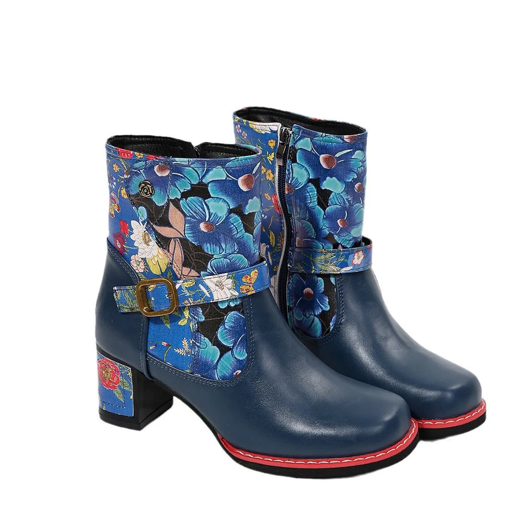 Women's printed stitching ankle booties with thick rubber sole and front lace-up, in purple or blue