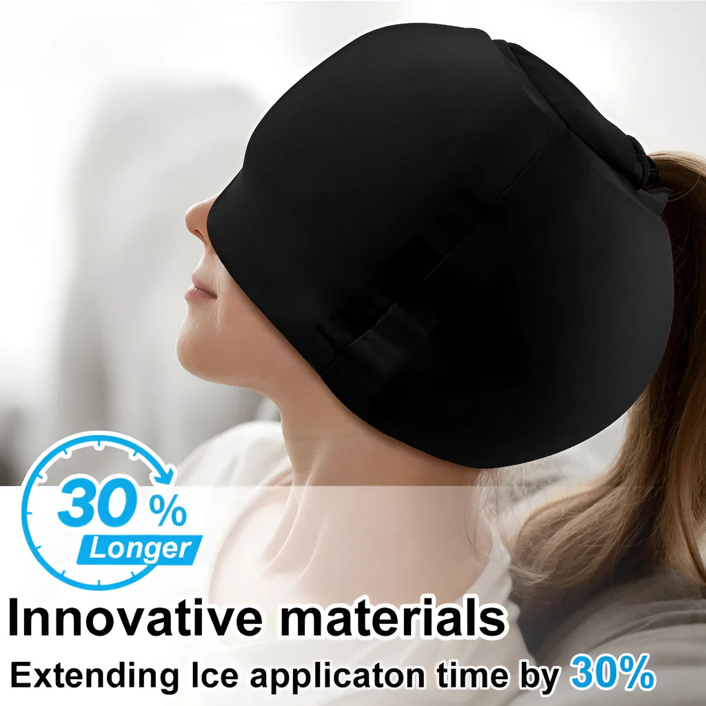 Simple solid colour cold compress cap in black, dark blue, or pink, made from polyester fabric.