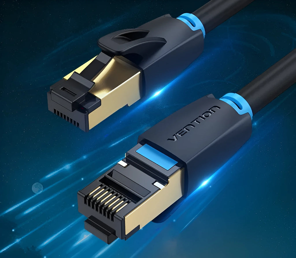CAT8 shielded flat and round ethernet cables with RJ45 connectors in various lengths from 0.5 to 10 metres