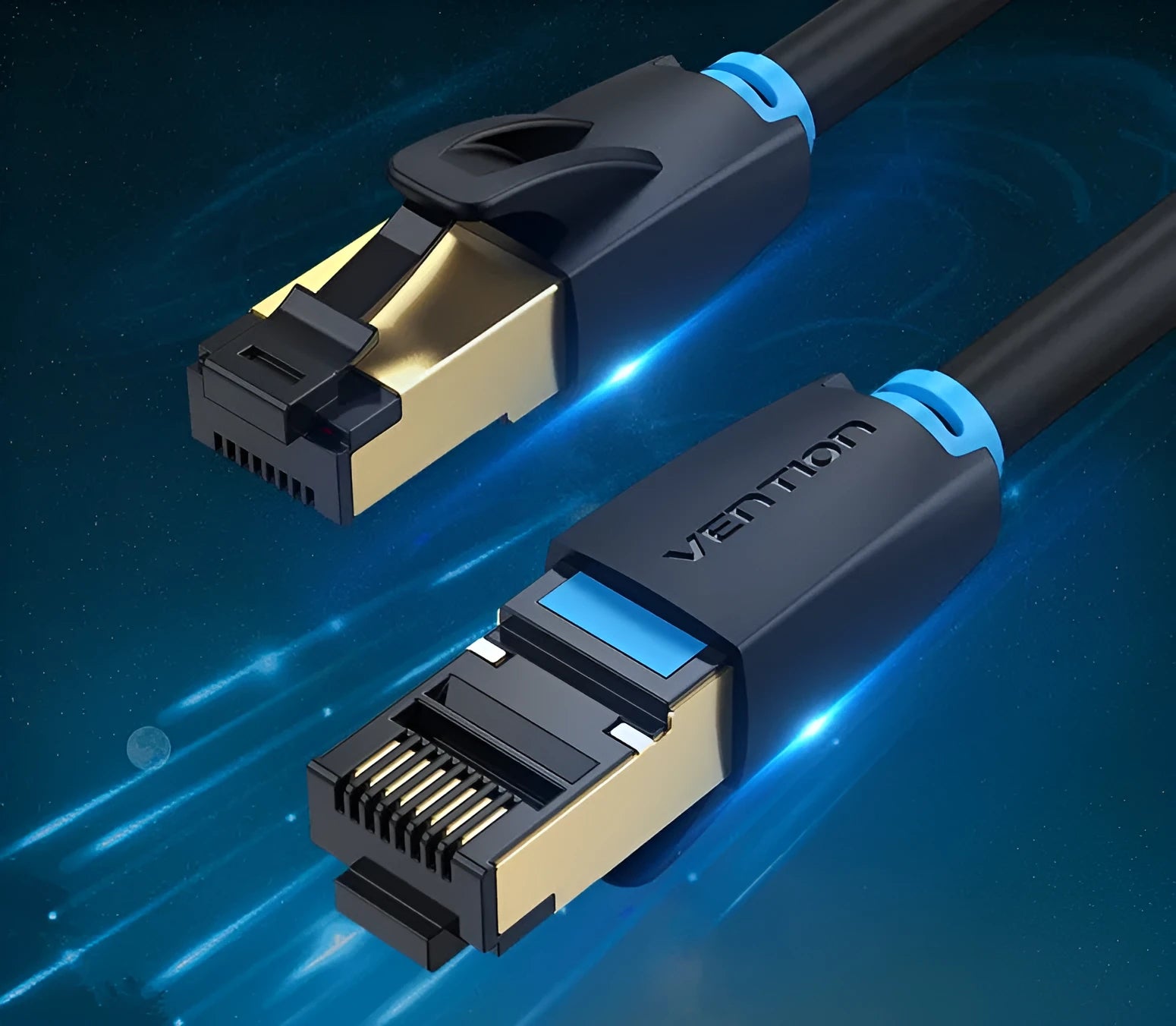 CAT8 shielded flat and round ethernet cables with RJ45 connectors in various lengths from 0.5 to 10 metres