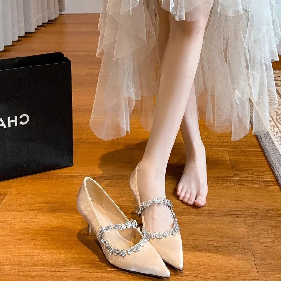 Apricot nude rhinestone pointed toe wedding shoes with 6-8cm high stiletto heel and microfiber lining