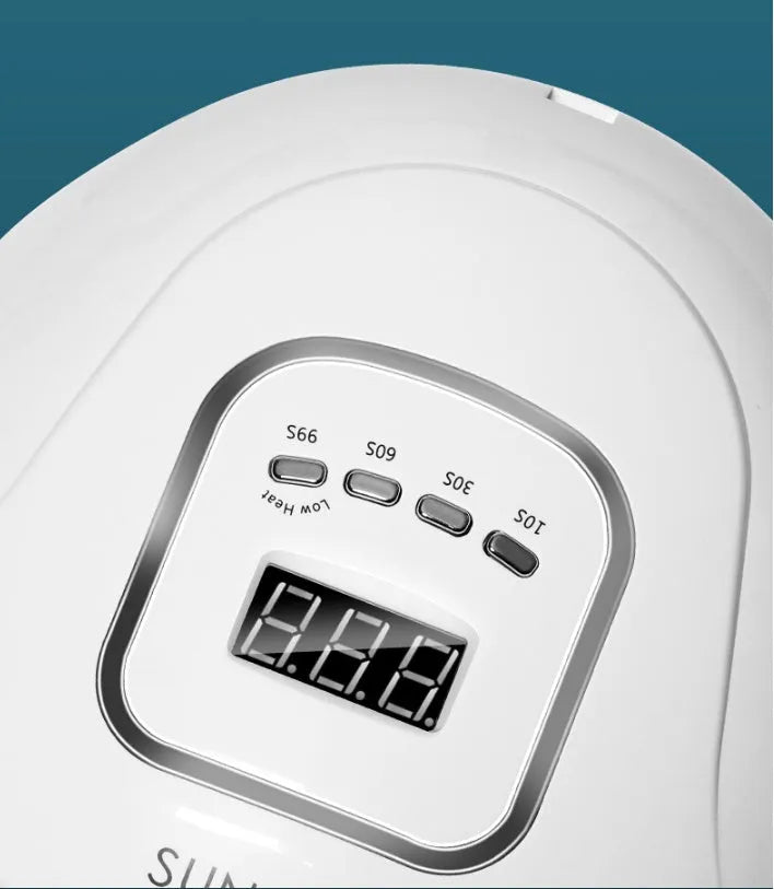 White nail polish drying lamp with dual UV LED light sources and multiple timer buttons