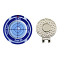 Golf level hat clip device showing coloured water indicator for slope measurement