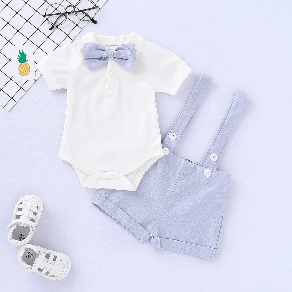 Baby romper bow tie overall dress set, three-piece cotton outfit, shorts, neutral, 70cm to 100cm