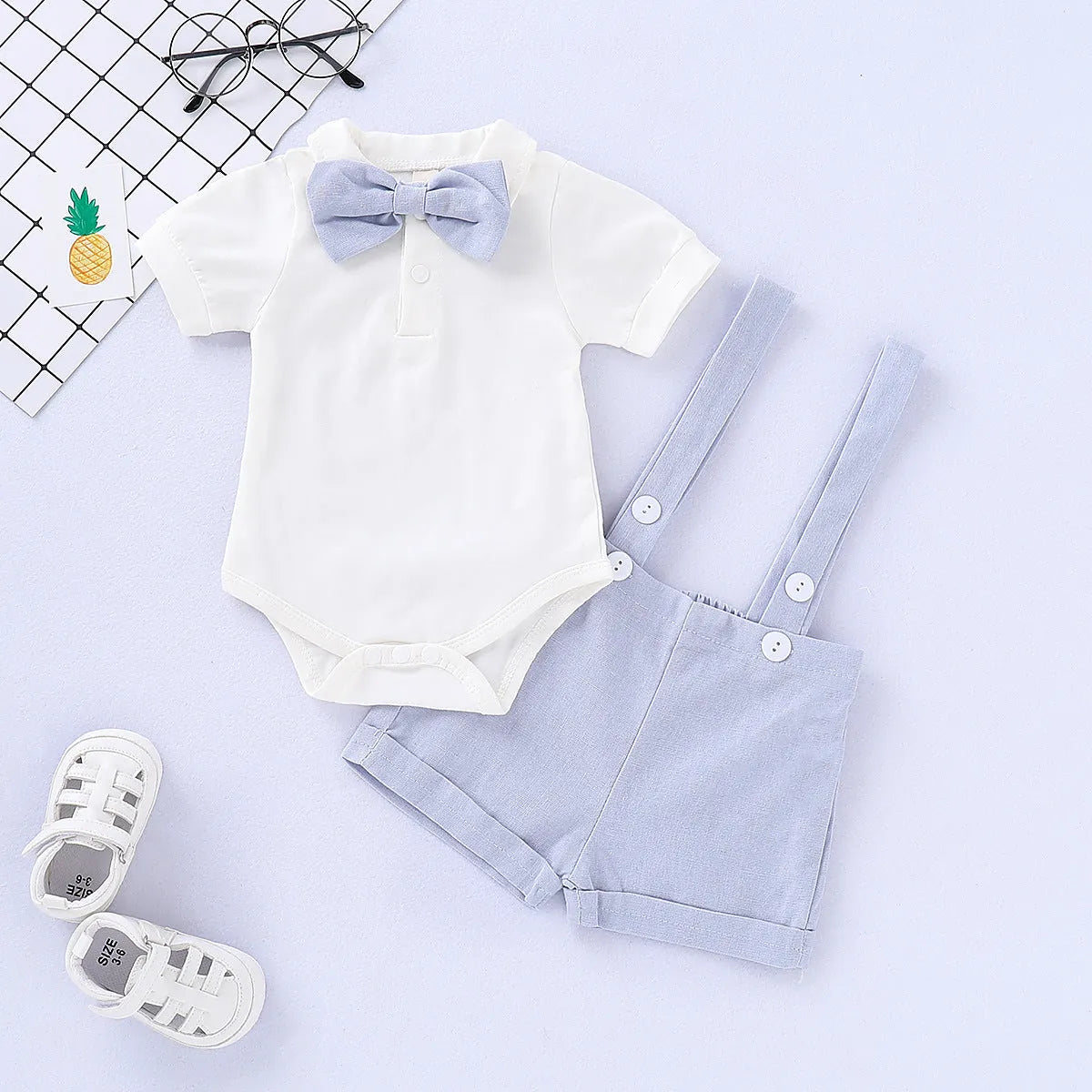 Baby romper bow tie overall dress set, three-piece cotton outfit, shorts, neutral, 70cm to 100cm