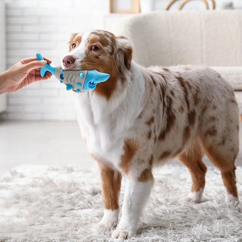 Blue shark-tooth dog chew toy with textured cleaning surfaces and bite-resistant construction