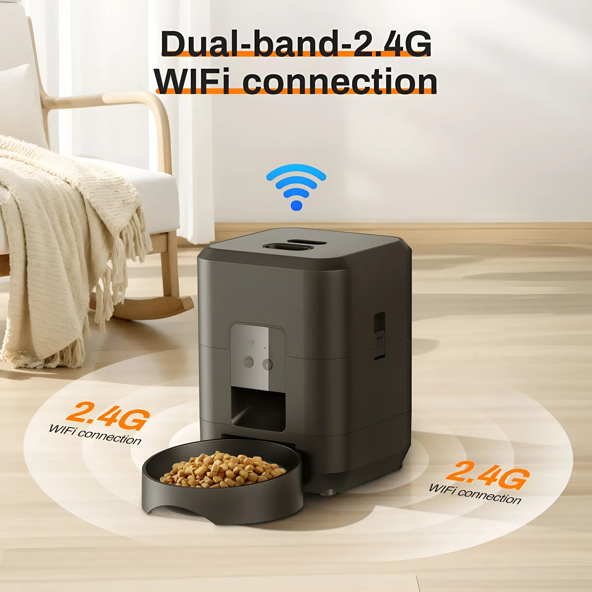 Automatic cat feeder with timer display and food container in white or black colour options