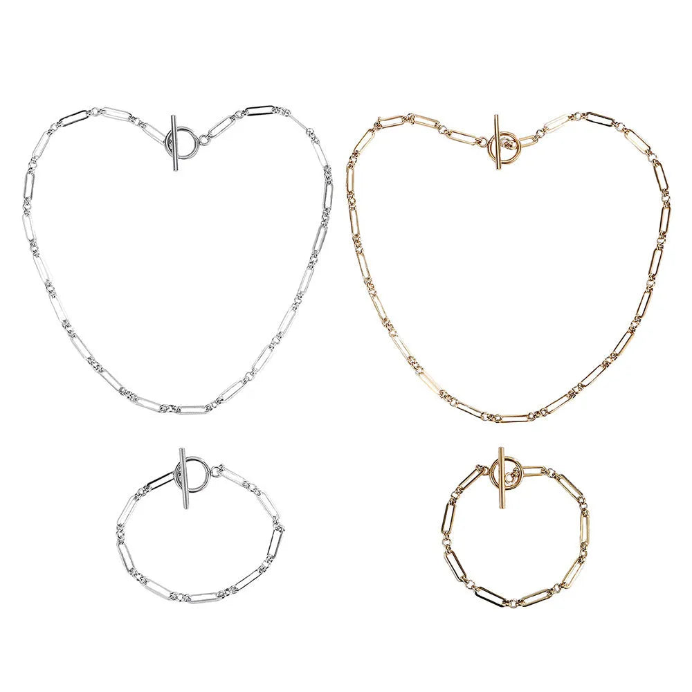 Electroplated stainless steel Chopin chain necklace and bracelet set in gold