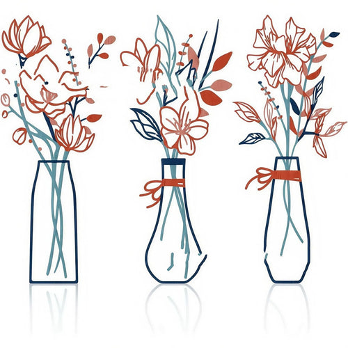 Three metal flowers wall art pieces with colour vase designs for country farmhouse bathroom decoration