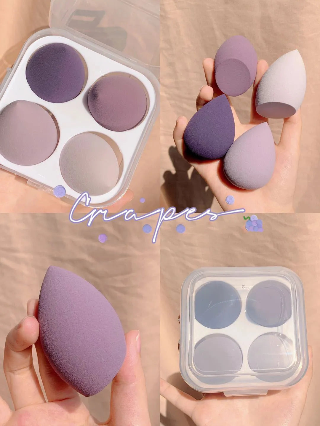 Box containing four coloured makeup egg sponges in Grape, Mango, Mint, and Peach.